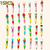A collection of 15 multicolor ballpoint pens in various shapes and colors suitable for party favors or classroom prizes.
