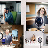 A collection of adjustable ring lights mounted on tripods and phone holders used for streaming and video calls.
