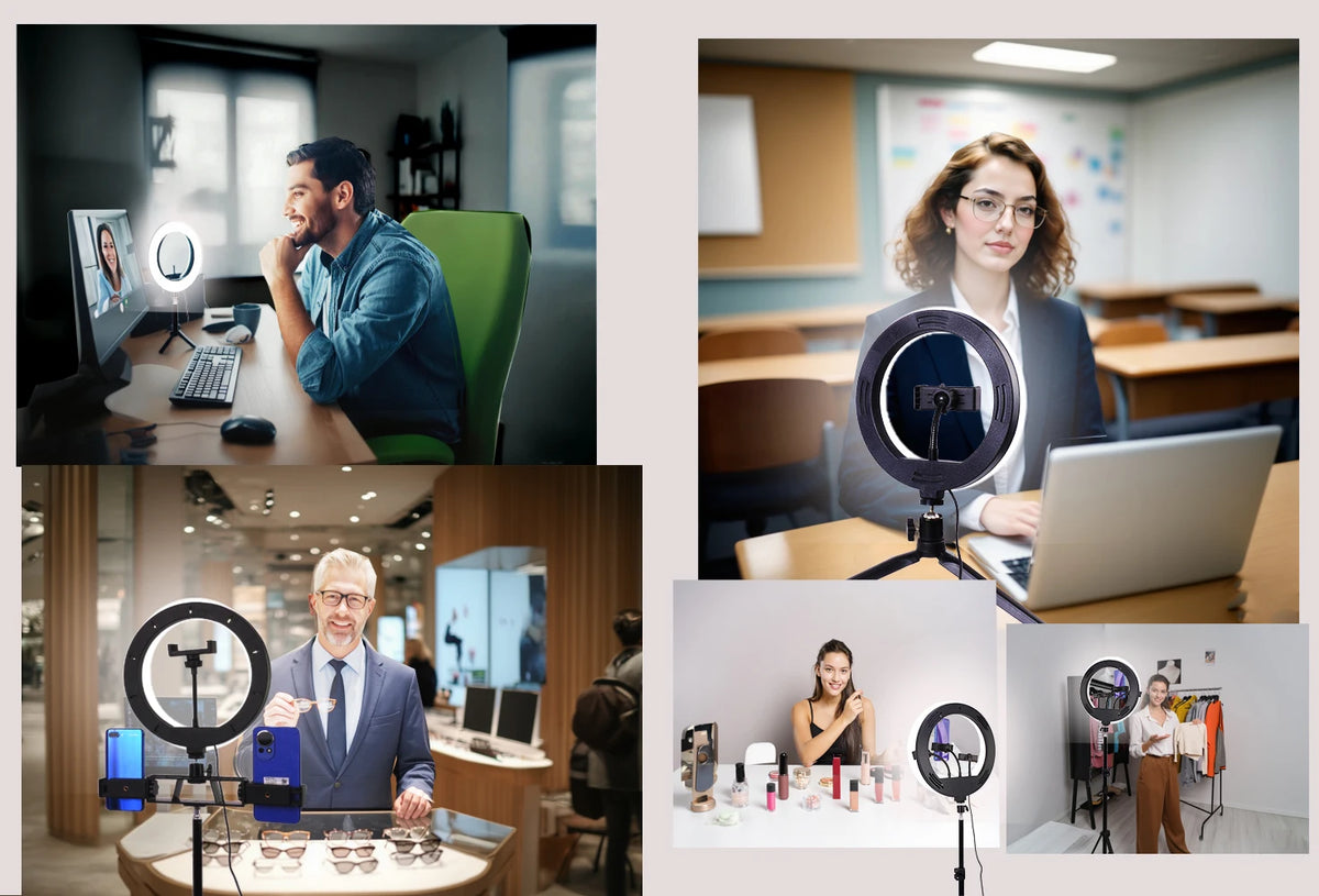 A collection of adjustable ring lights mounted on tripods and phone holders used for streaming and video calls.