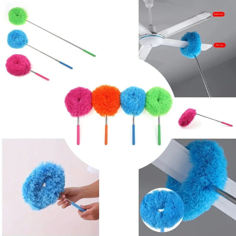 Various colored extendable microfiber duster heads for cleaning fans and surfaces.