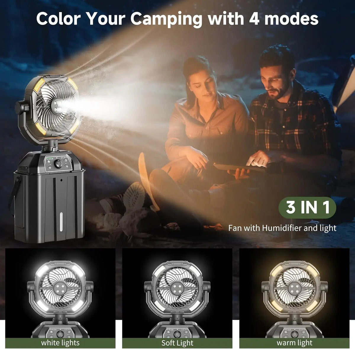 A portable rechargeable misting fan with adjustable light modes including white, soft, and warm light.
