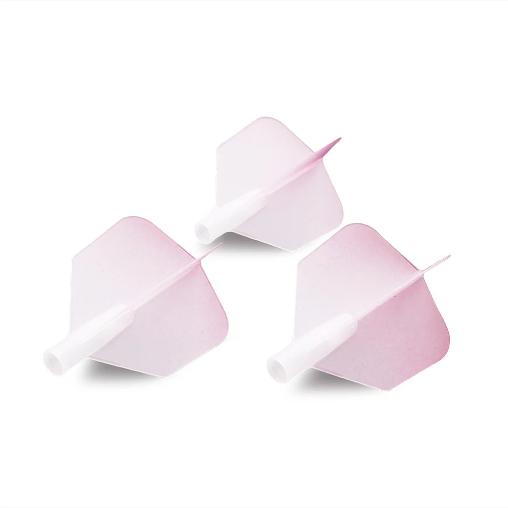 Three pink precision dart flights with big wing shapes and graduated colors displayed against a white background.