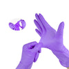 A purple disposable nitrile glove is shown being worn, with a smaller inset showing the hand and fingers.