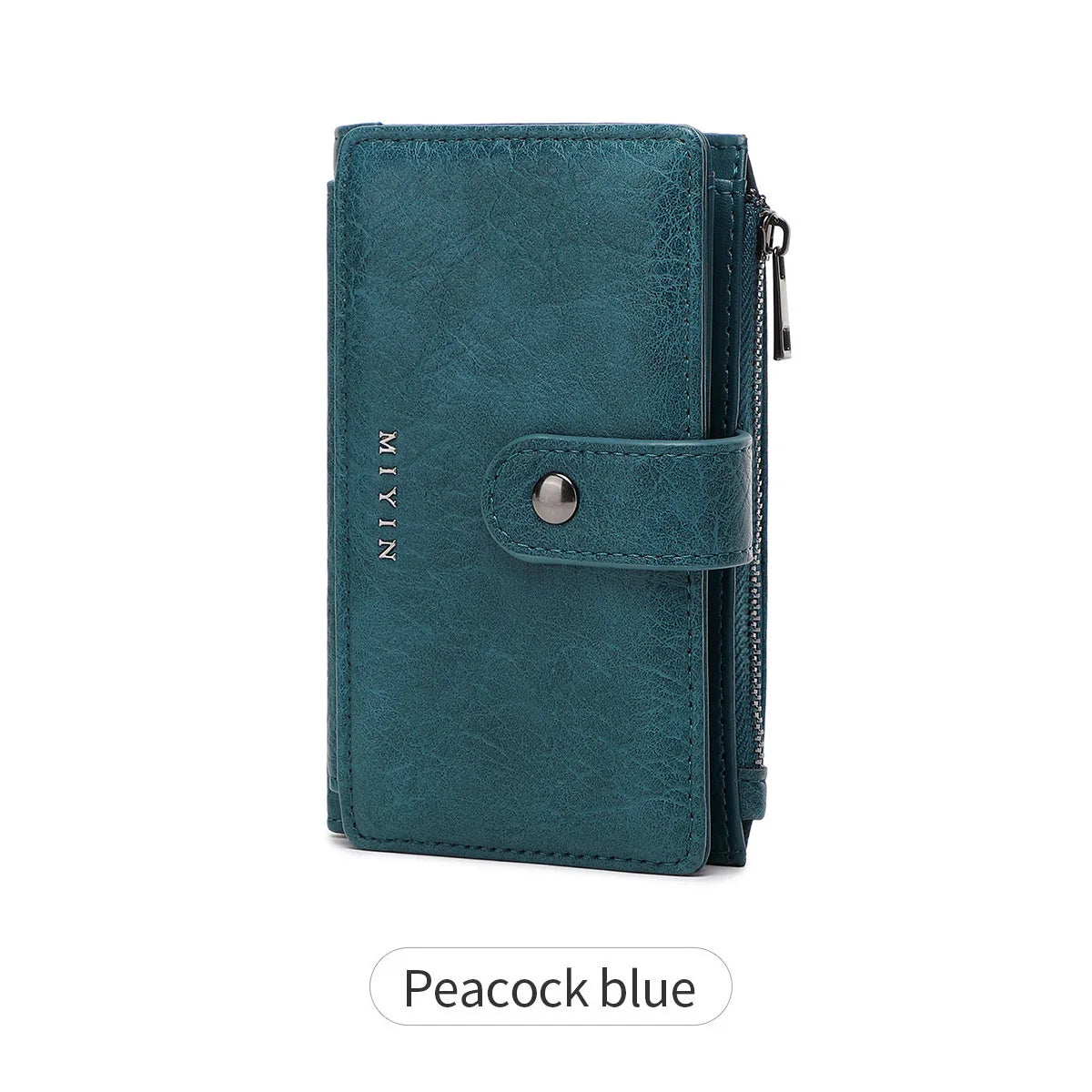 Portefeuille pochette en cuir vert sarcelle foncé à rabat avec fermeture à clochette argentée.