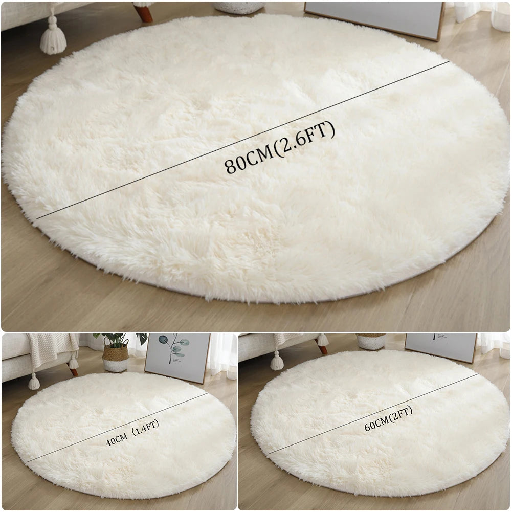 A collection of round, ultra-soft white shaggy rugs shown in different sizes.