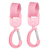 A pair of pink 360° rotating stroller hooks for hanging bags and essentials.