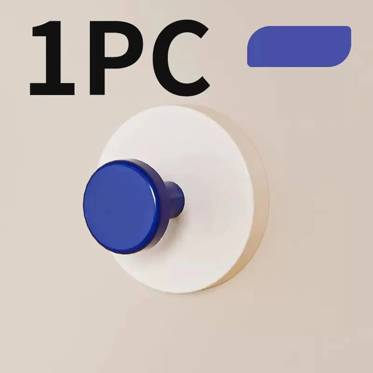 A close-up view of a blue suction cup hook on a white circular base.