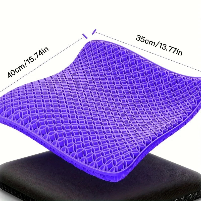 Cojín de asiento de gel de panal morado en una superficie negra, dimensiones 40x35 cm.
