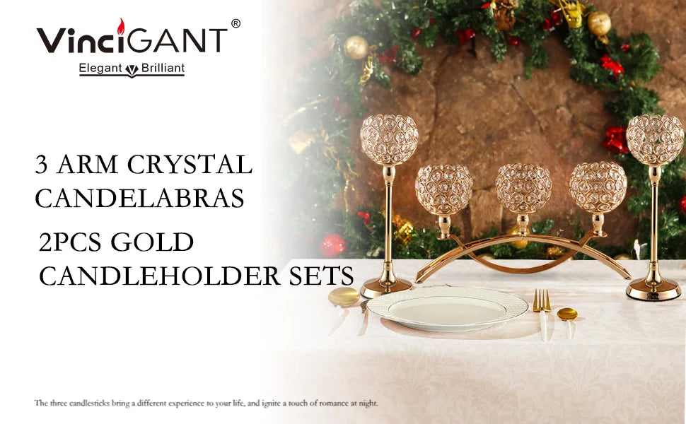 Gold 3-Arm Candelabra with Crystal Bowls for Elegant Table Decor
