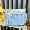 Light blue transparent shoulder bag with white lace trim and ruffled fabric detail