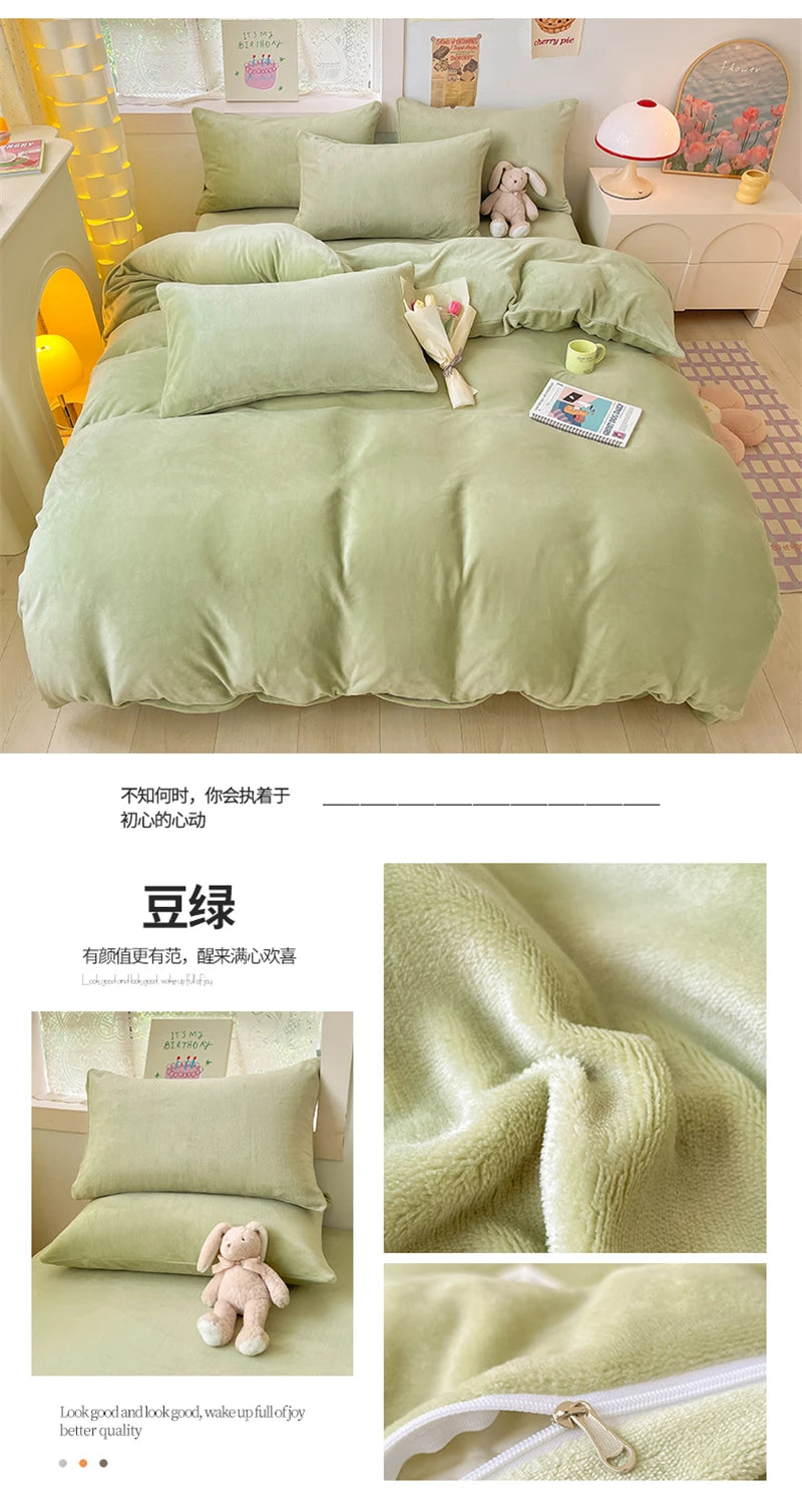 A close-up of soft, light green velvet bedding set featuring a duvet cover and pillowcases.