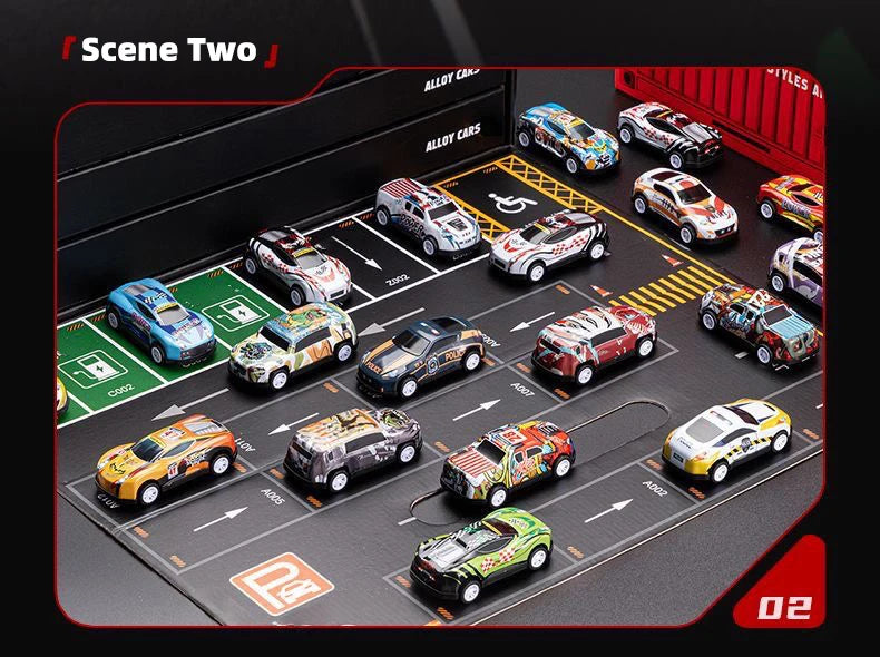A collection of 48 diecast metal cars displayed on a black track surface.