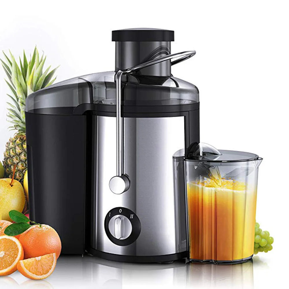 A modern stainless steel centrifugal juicer appliance with a black base and clear pitcher, shown on a reflective surface.
