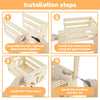 Installation steps showing how to assemble a wooden storage crate with backboards, a bottom plate, a front board, and bracket