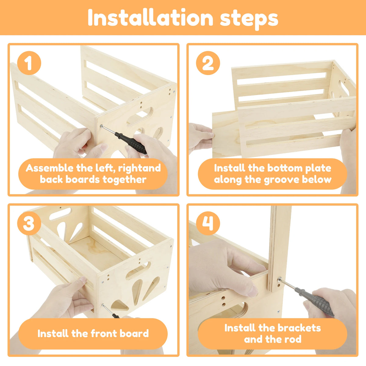 Installation steps showing how to assemble a wooden storage crate with backboards, a bottom plate, a front board, and bracket