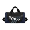 A navy blue duffel bag with a black strap and white text reading Sport on the front.