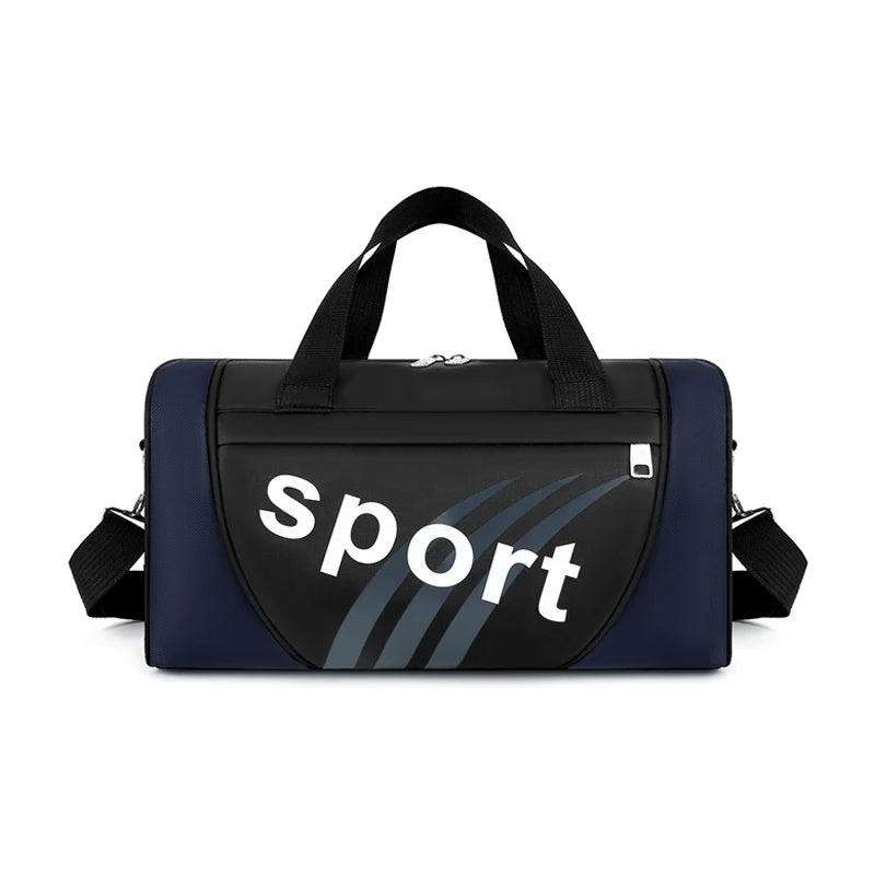 A navy blue duffel bag with a black strap and white text reading Sport on the front.