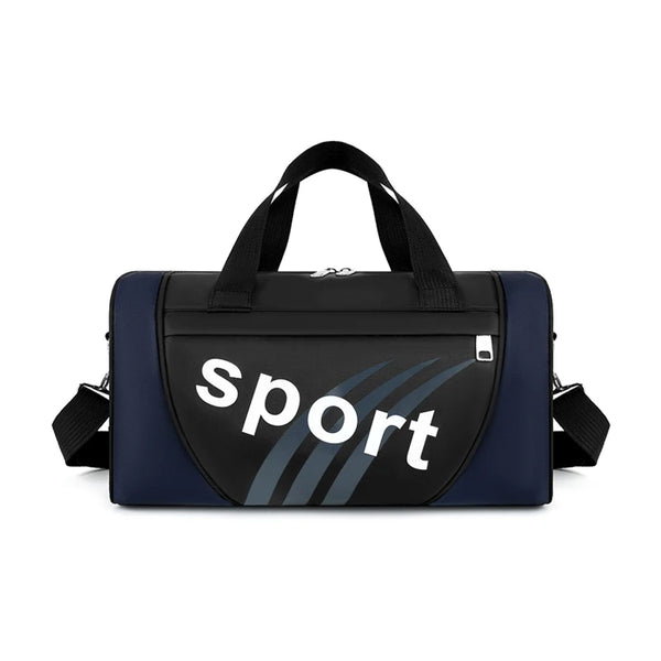 A navy blue duffel bag with a black strap and white text reading Sport on the front.