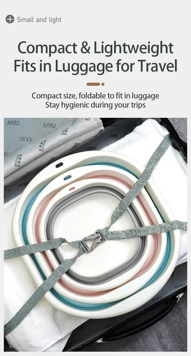 A stack of compact, foldable plastic wash basins in various colors is shown inside a black suitcase.