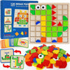 A box and pile of wooden mosaic puzzle pieces for toddlers featuring various shapes and colors.