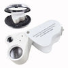 A white dual-magnification LED loupe with a foldable design shown in various components.