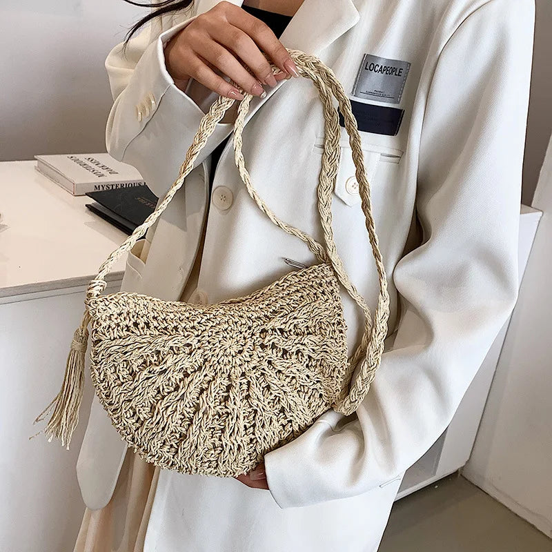 Handwoven Straw Semicircle Crossbody Bag with Tassel