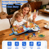 A woman is interacting with a toddler using a colorful Montessori giraffe busy book quiet book for educational activities.