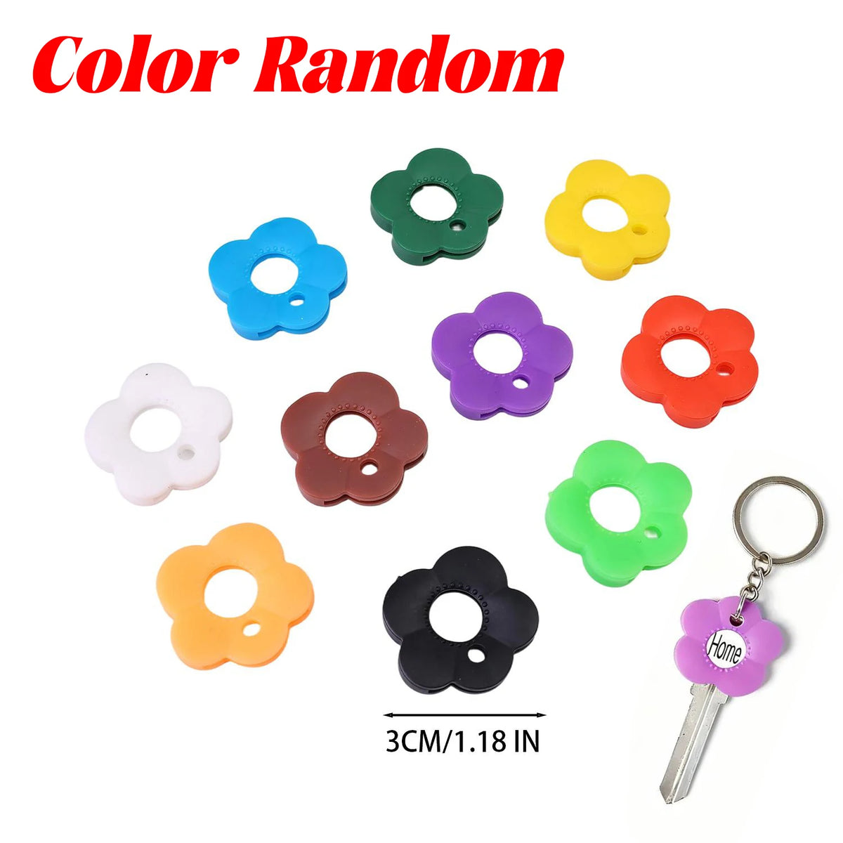 A collection of colorful silicone flower key covers in various shades including blue, green, yellow, and red.