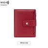 A deep red, textured RFID-blocking bi-fold wallet.