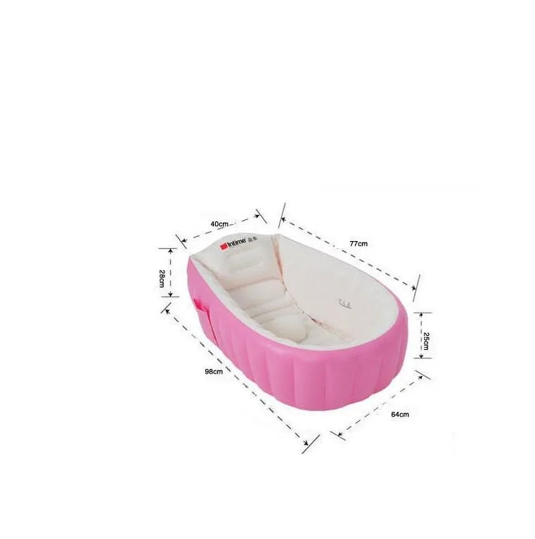 Pink portable inflatable bathtub for babies and toddlers with a hand pump shown with dimensions.