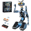 A blue Johnny 5 robot building block set with accessories and a box, showing various components.
