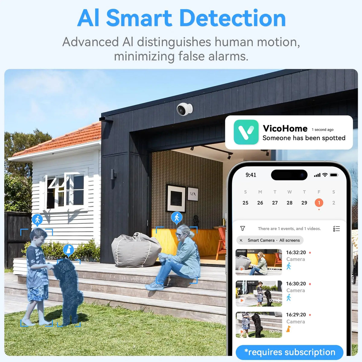 An AI smart detection system monitors a person near a house, showing a mobile app interface.