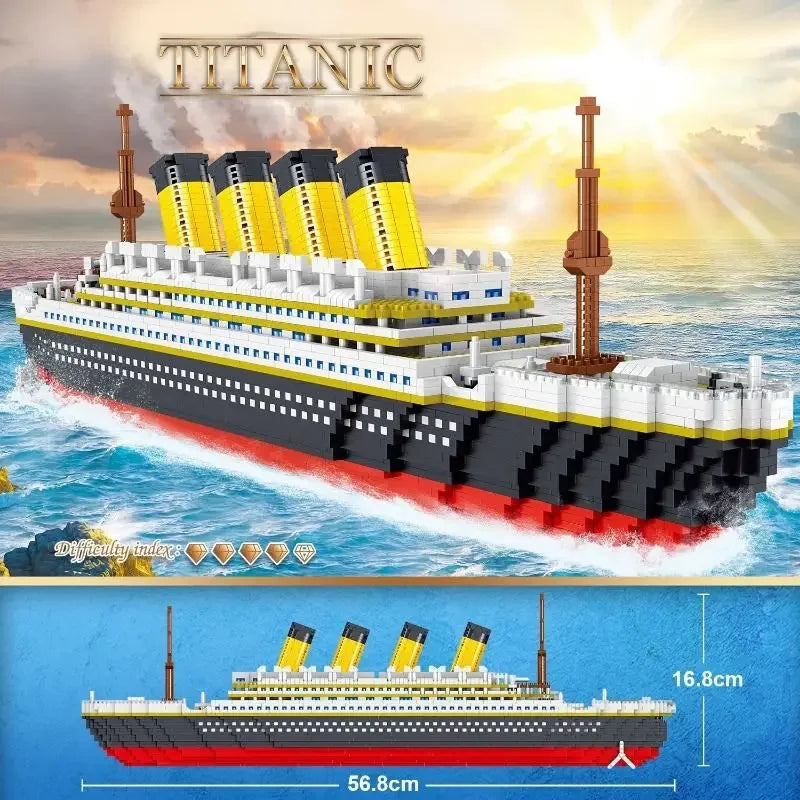 A detailed model kit of the Titanic ship built from black, white, and yellow blocks on blue water.