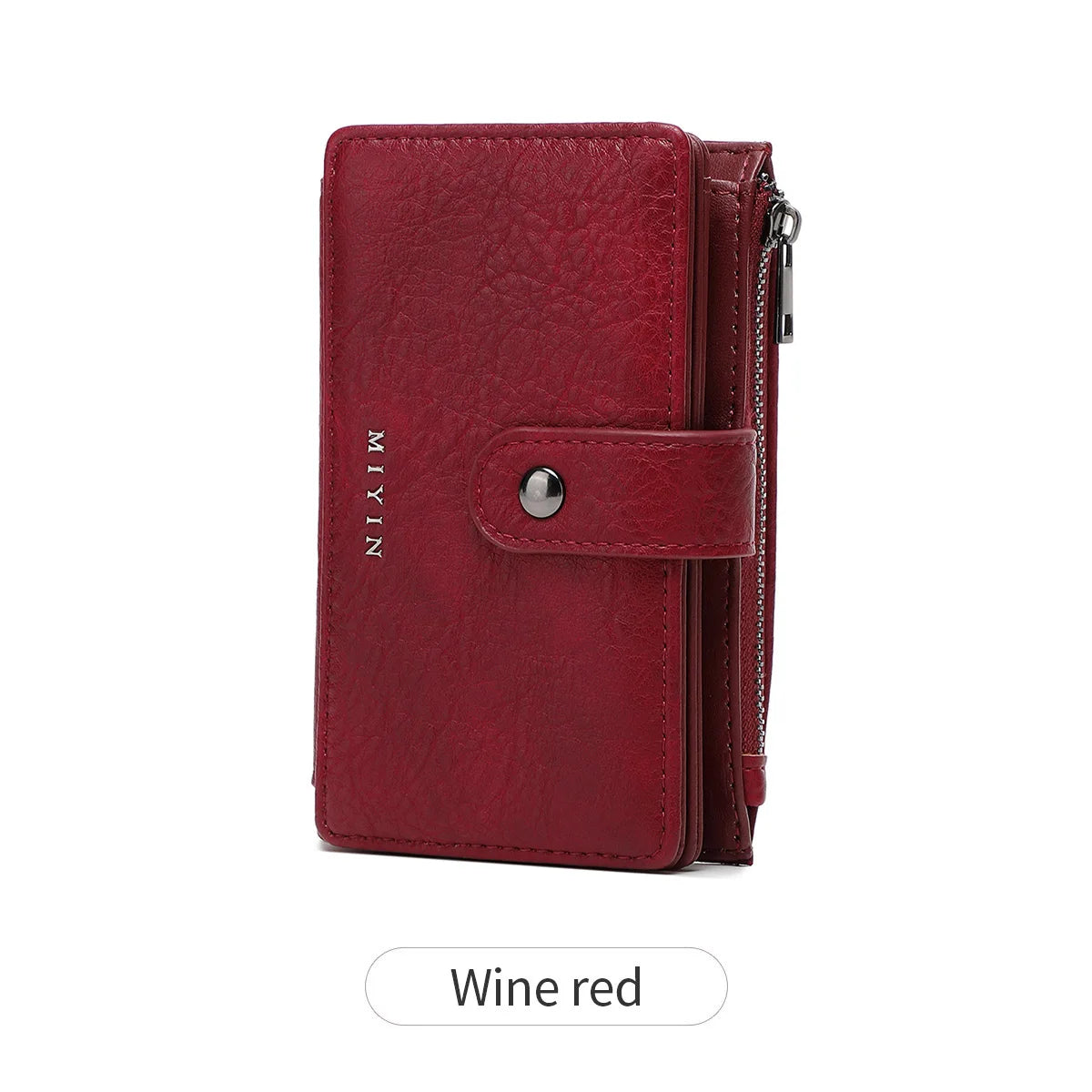 Portefeuille bi-pliable en cuir marron anti-RFID avec fermeture à cliquet argentée.