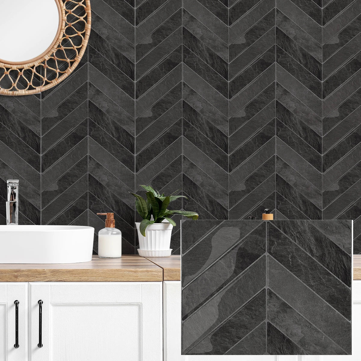 A close-up of dark gray marble-patterned tile backsplash and a white vessel sink on a wooden countertop.