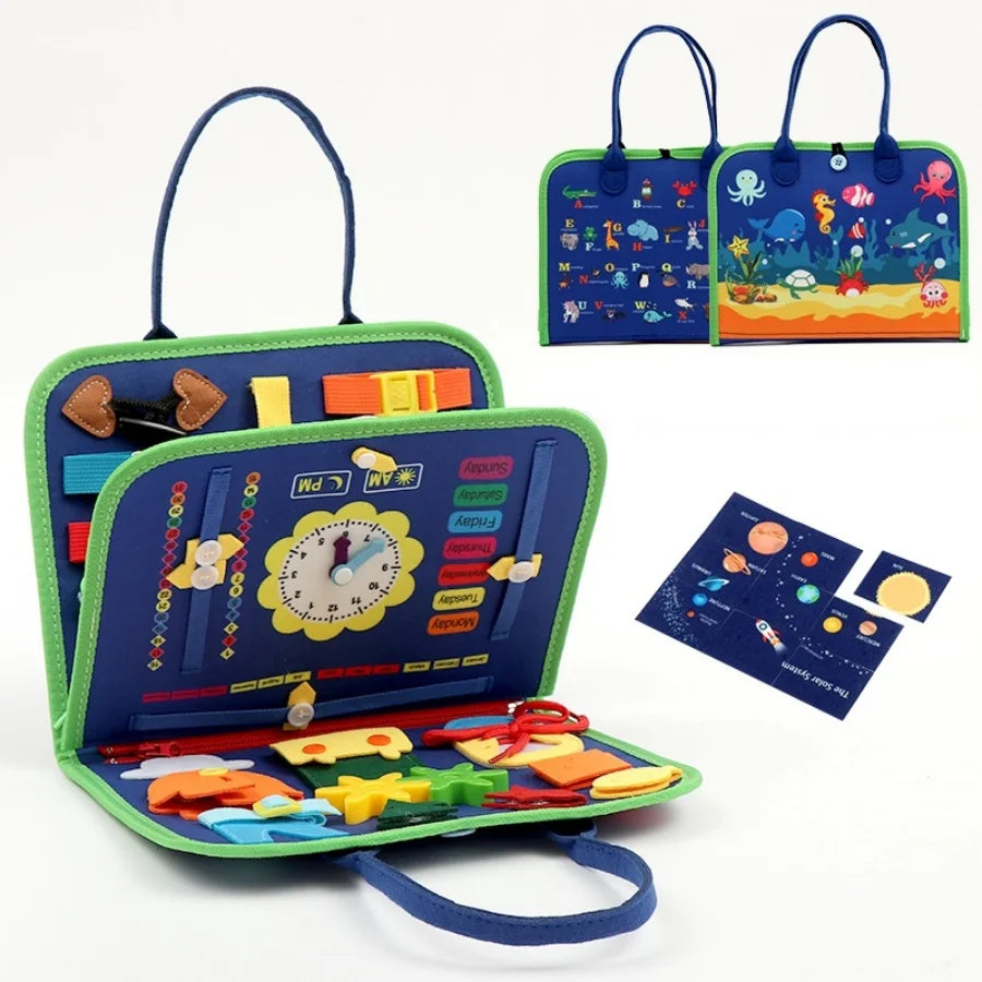 A colorful Montessori busy board for toddlers featuring various sensory learning toys and fabric pouches.