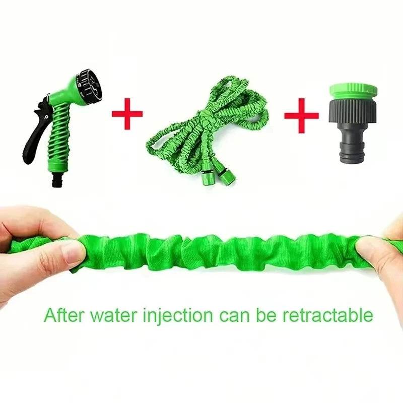 Green expandable magic hose with a spray nozzle and a flexible green tube shown being held by a hand.