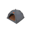 A gray pet teepee tent with a mesh floor and a reversible cushion.