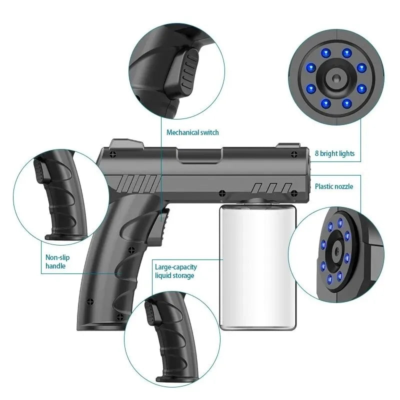 A black rechargeable electric spray bottle with a grip, nozzle, and multiple light options is shown in various views.