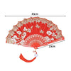 Red folding fan with white floral patterns and a golden lace trim