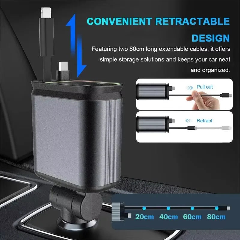 Retractable Car Charger with Starry Sky Spotlight – 4-in-1 Fast Charging