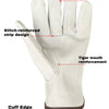 White leather work gloves featuring a stitch-reinforced strip design and tiger mouth reinforcement.