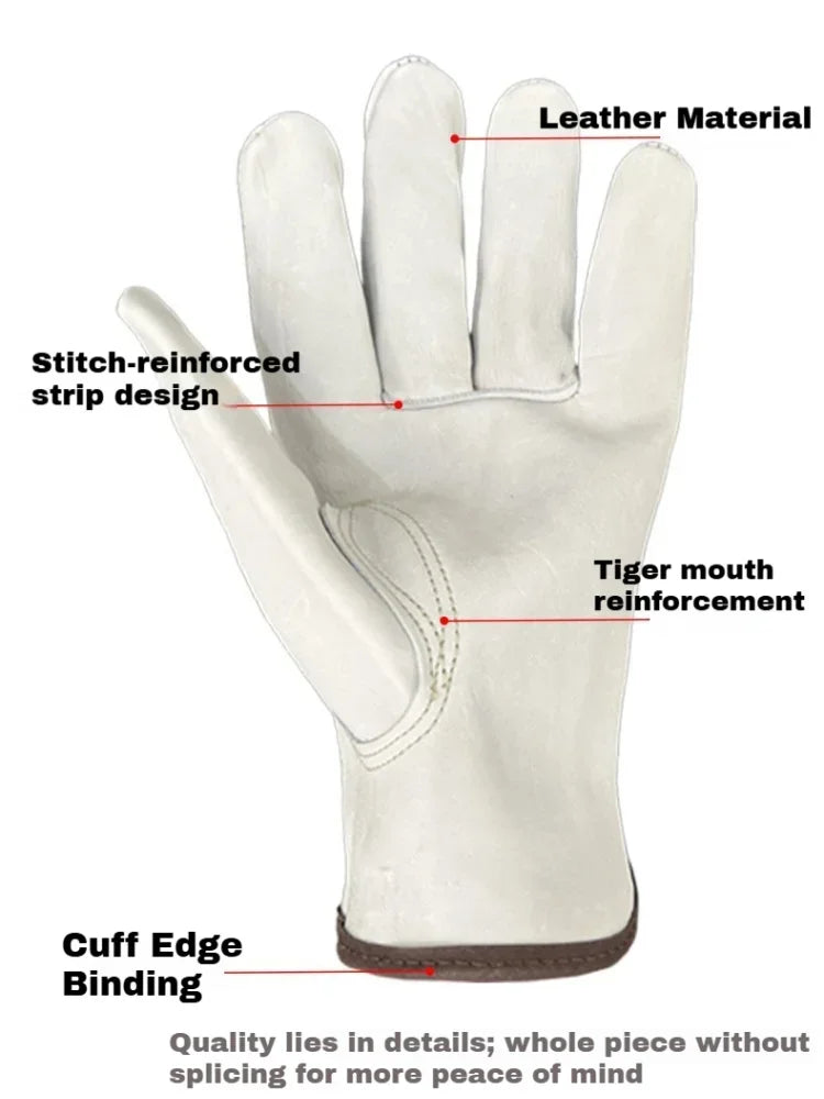 White leather work gloves featuring a stitch-reinforced strip design and tiger mouth reinforcement.