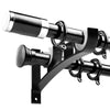 A pair of black heavy duty double curtain rod brackets designed for wall mounting.