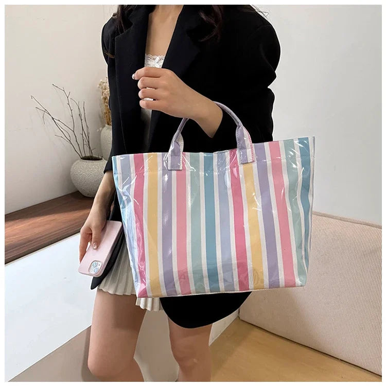Striped PVC Waterproof Tote Bag for Everyday Use