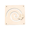 A light wood Montessori busy board featuring a white spiral design and a small wooden butterfly cutout.