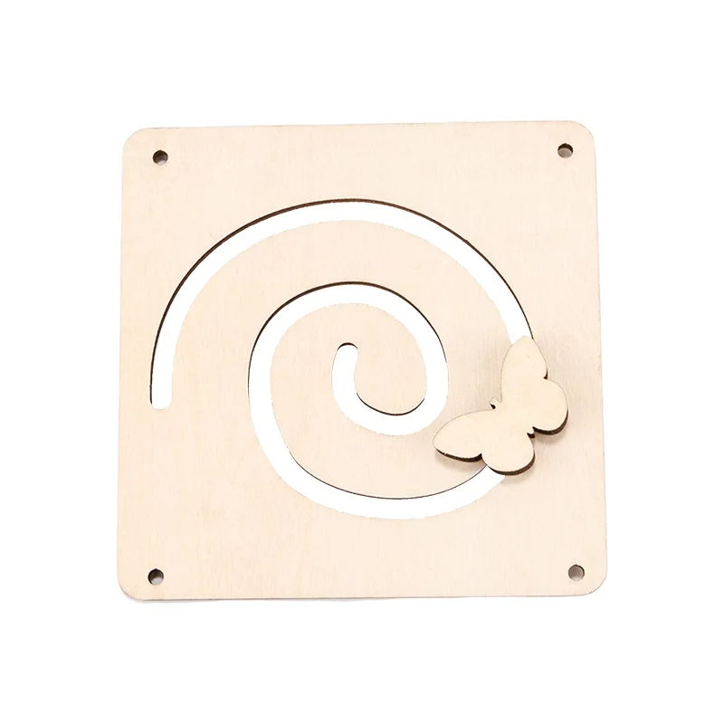 A light wood Montessori busy board featuring a white spiral design and a small wooden butterfly cutout.
