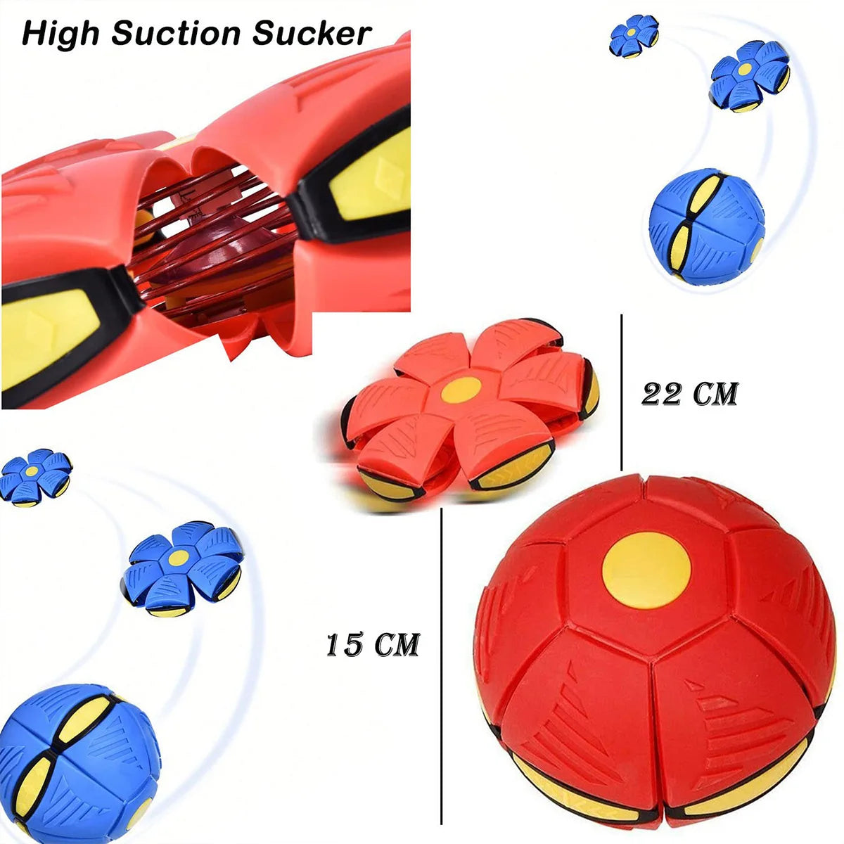 A red magic flying saucer bouncing ball with yellow accents and blue suction cups shown in various angles.