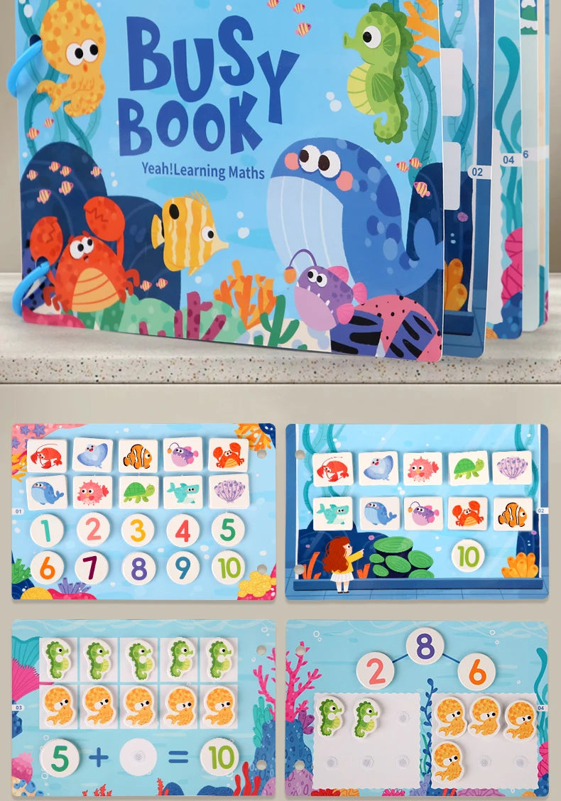 A set of Montessori quiet book activities featuring number recognition, counting, and addition skills for young children.