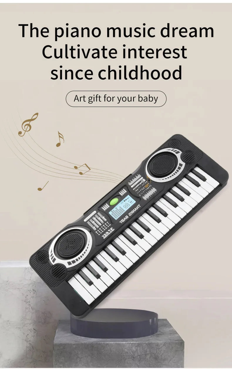 A black 37-key electronic piano with an LED display and microphone is shown on a surface.